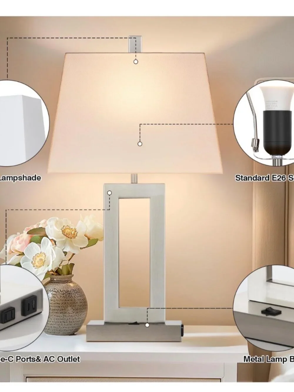 2 Table Lamps with USB C+A Ports & AC Outlet, Bedside Lamps, Modern Bedroom Lamp